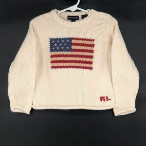 Ralph Lauren Kids Knit American Flag Sweater Girls 4T Ivory/Beige Cotton